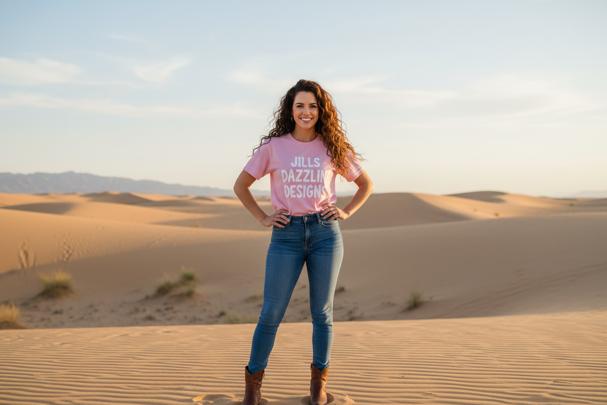 a woman with a pink t-shirt with Jills Dazzling Designs in white bubble letter facing wearing blue jeans straight a head with long brown curly hair in the desert as the background